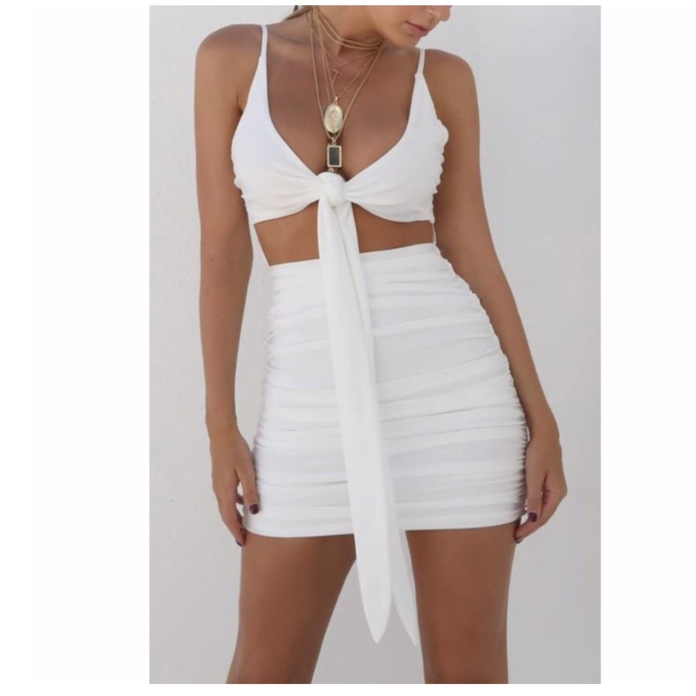 ‘Bondi’ White Shirred Front Tie Mini Dress